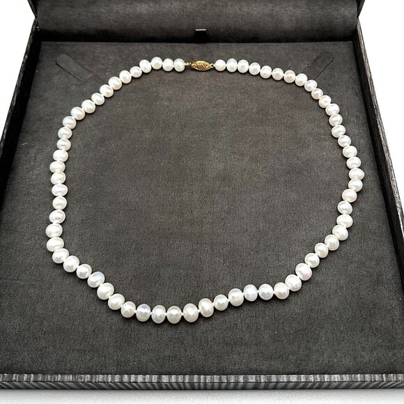 Imperial White Freshwater Pearl Beaded 14K Yellow Gold Necklace 18" - Picture 1 of 6